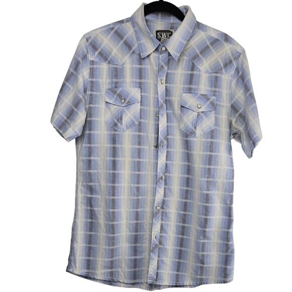 SWC Sunday Work Clothes Blue Plaid Short Sleeve Button-Up Shirt Size Large - Picture 1 of 5